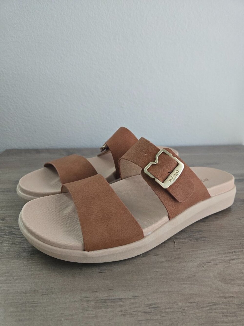 Dr. Scholl's All Time Round Toe Slide Sandals Honey Brown Faux Leather Size 8.5M